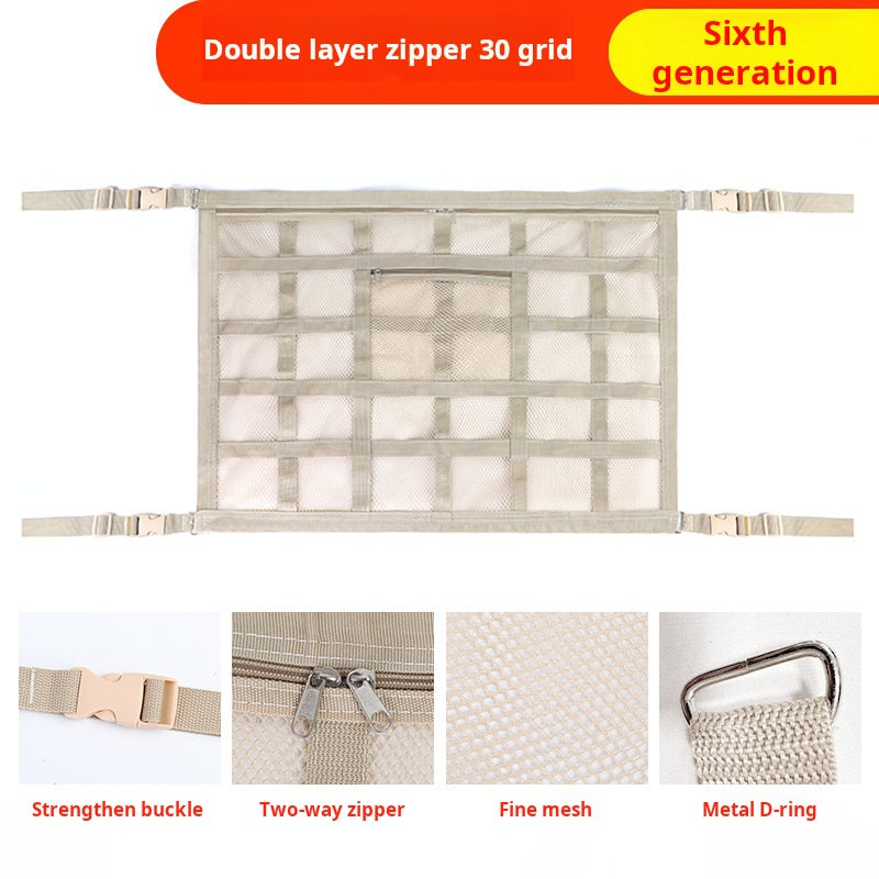 🚤50% OFF NOW! ⏰Overhead Mesh Gear Storage Net, Adjustable Car Roof Storage Bag, Multi‑Pocket Ceiling Mesh Organizer for SUV, Van, 4x4, Boat & Rooftop Tent, Holds Fishing Gear & Outdoor Supplies