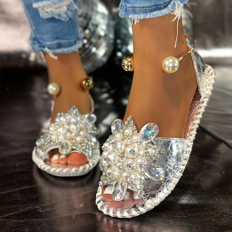🎁New Arrival 50% OFF💥 Faux Pearl & Crystal Embellished Flat Sandals