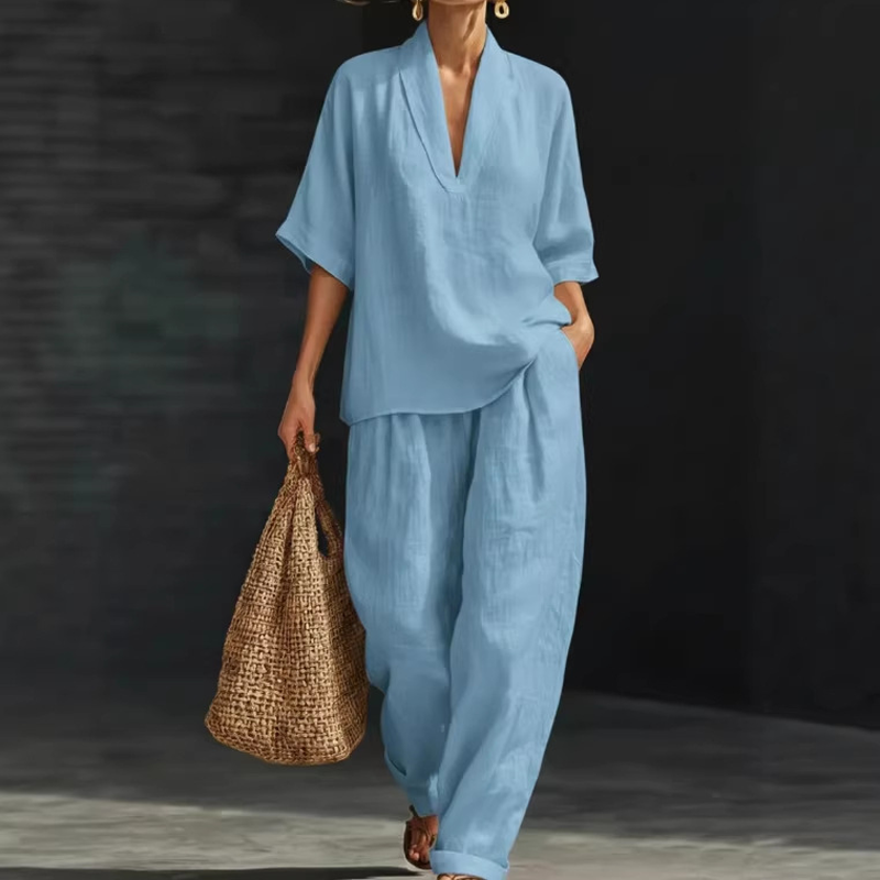 🎁New Arrival 50% OFF💥Women's Casual V-Neck Top and Wide-Leg Pants Set