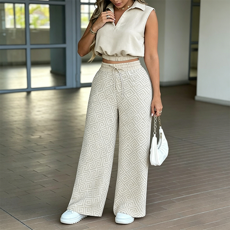 ๐ 50% OFF NOW!๐ธ Women's Two-Piece Lounge Set โ Collared Crop Top & Wide-Leg Pants