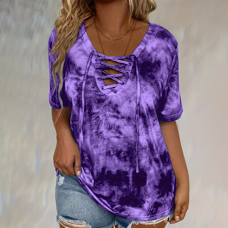 📢📢50% OFF!! ⏰Women's Tie-Dye T-Shirt with Lacing and V-Neck