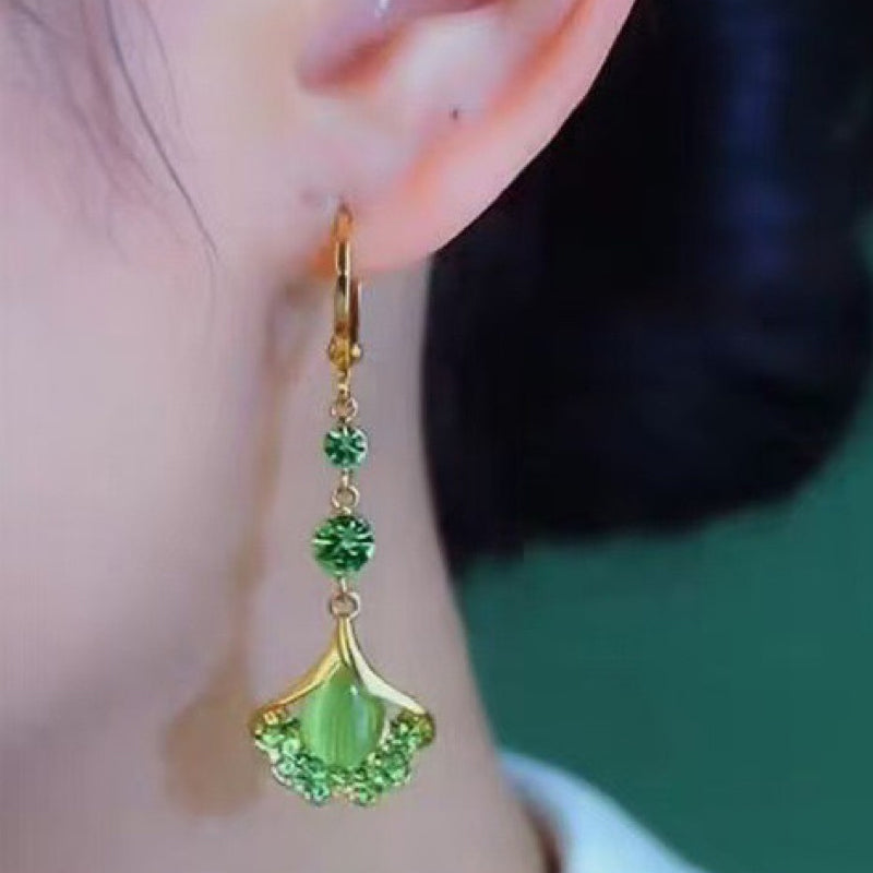 🍃 LIMITED-TIME 50% OFF! 💥 Elegant Ginkgo Leaf Tassel Earrings – Green Stone, Lightweight, Nature-Inspired ✨