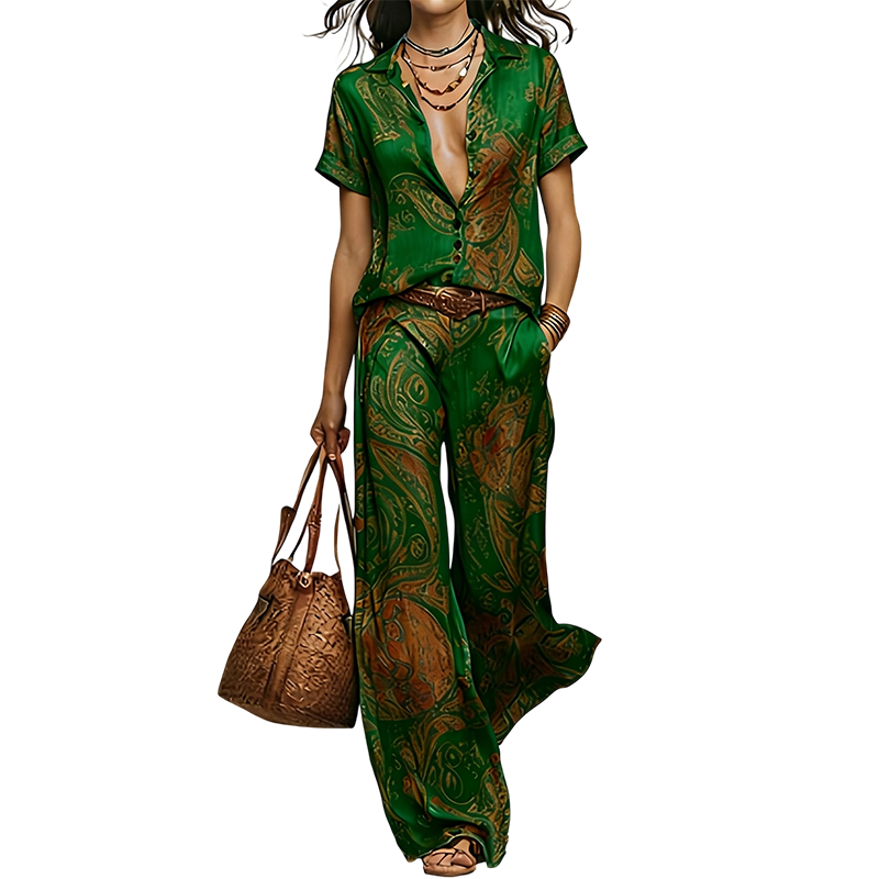 👗50% OFF!✨Women's Casual Short Sleeve Top & Pants Set – Vibrant Print, Side Pockets, Soft Fabric 🌿