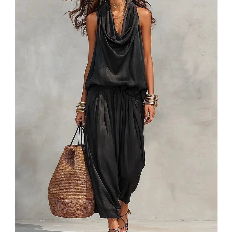 👗 50% OFF NOW! ✨ CHIC DRAPED HALTER NECK JUMPSUIT – Breathable wide-leg, elegant drape & day-to-night versatility – Effortless style for any occasion 🌙