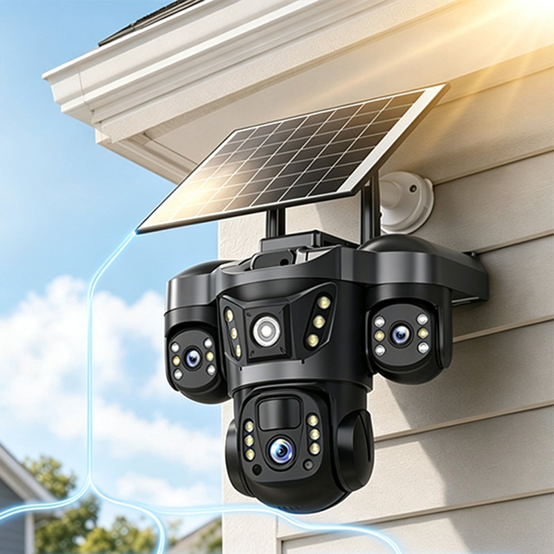 ☀️ Solar Triple-Lens Security Camera – Clear Day/Night Monitoring 🏠