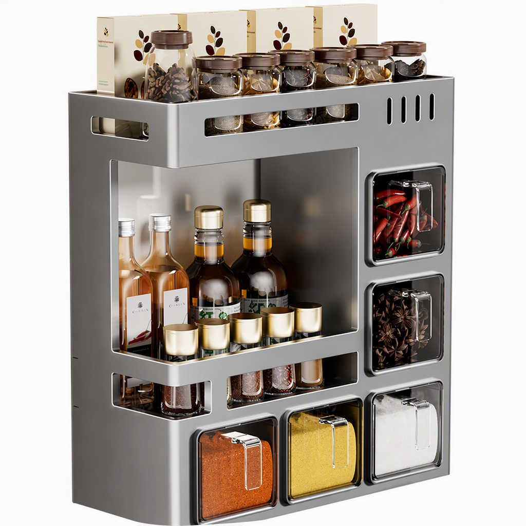 No-Drill Wall-Mounted Kitchen Spice Rack and Seasoning Organizer Box with Condiment Jars and Spoons