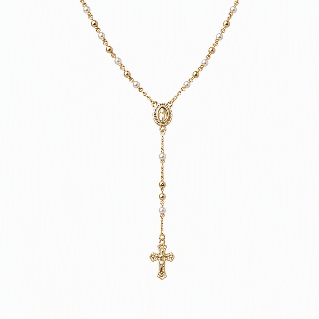 🎁2026 New Arrivals 50% OFF💥Retro Gold Tone Virgin Mary Crucifix Cross Pendant Necklace with Beaded Y-Chain📿💎