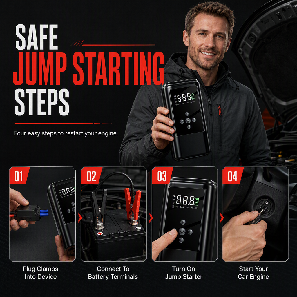All-in-One Car Jump Starter and Tire Inflator Battery Booster with Smart Clamps and EVA Storage Case
