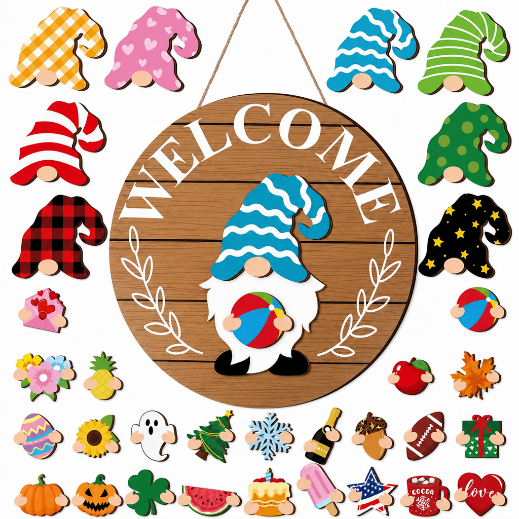 Interchangeable Wooden Gnome Welcome Sign Holiday Hanging Plaque for Christmas and Halloween Wall Decor
