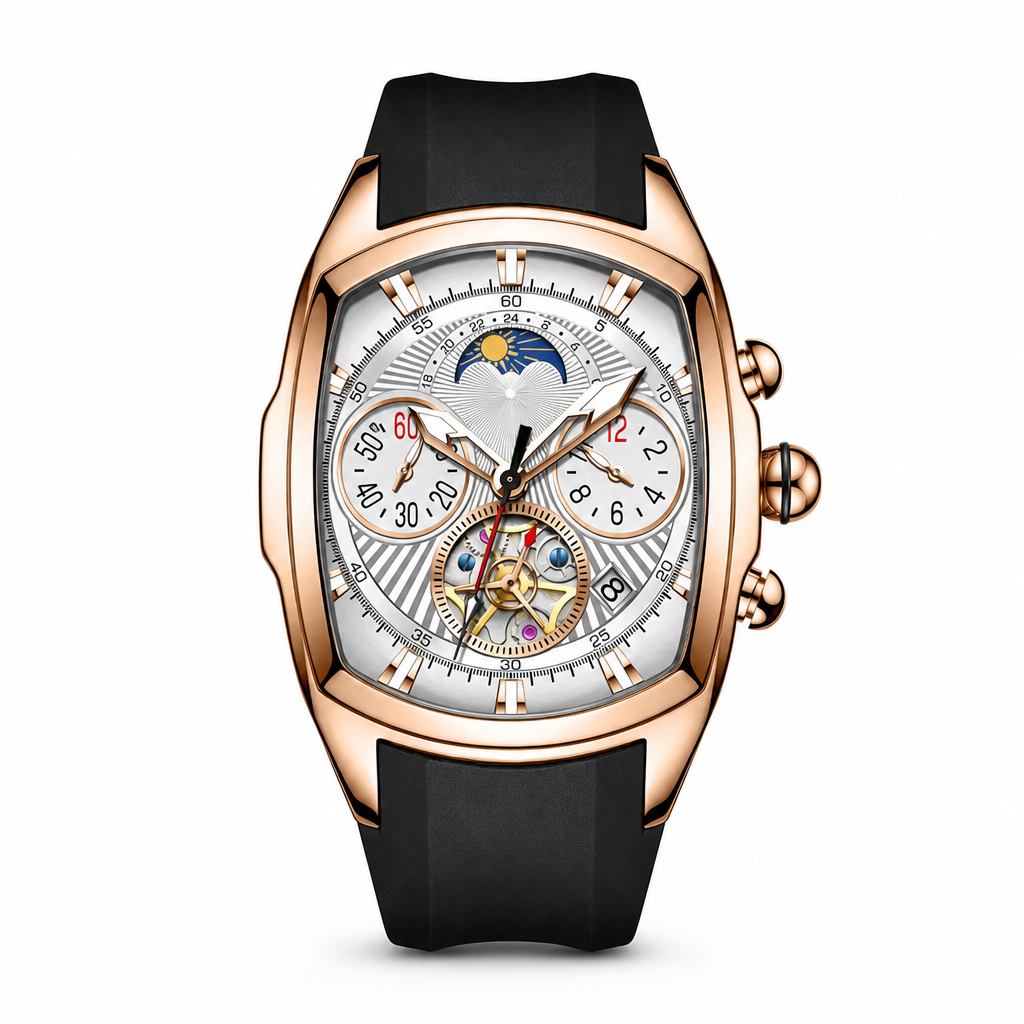 🕰️ Men's Tonneau Quartz Chronograph Watch with Skeleton Flywheel Dial Moon Phase Calendar and Silicone Strap