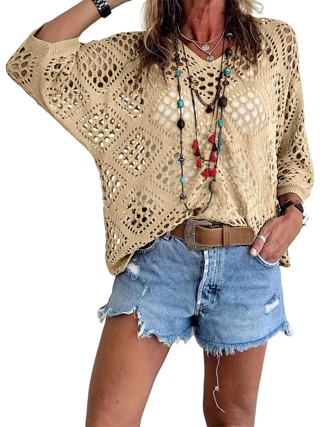 ⏰Last day sale 50% OFF🔥Womens Bohemian-Inspired Beige Crochet Top with V-Neck