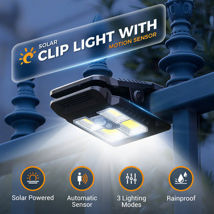 Solar Clip Light with Motion Sensor – No wiring, auto on at night. Perfect for dark steps & garden paths. 🚶‍♂️💡