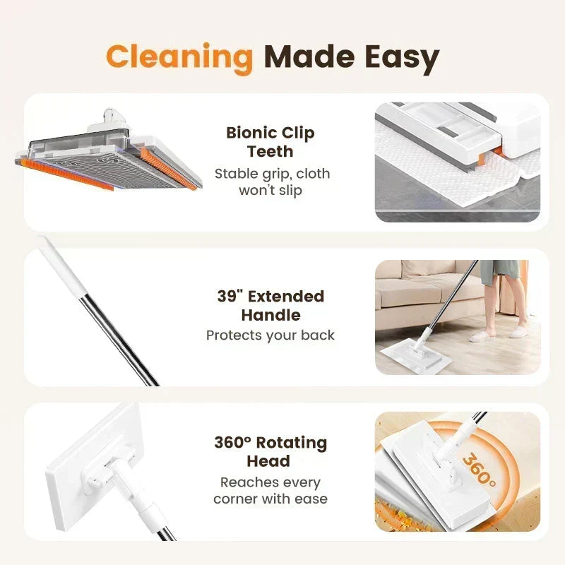 🔥Extendable Telescopic Disposable Flat Clip Mop, 360° Swivel Lightweight Floor Mop -✨Multi-purpose Cleaner for Hardwood, Tile, Kitchen & Bathroom