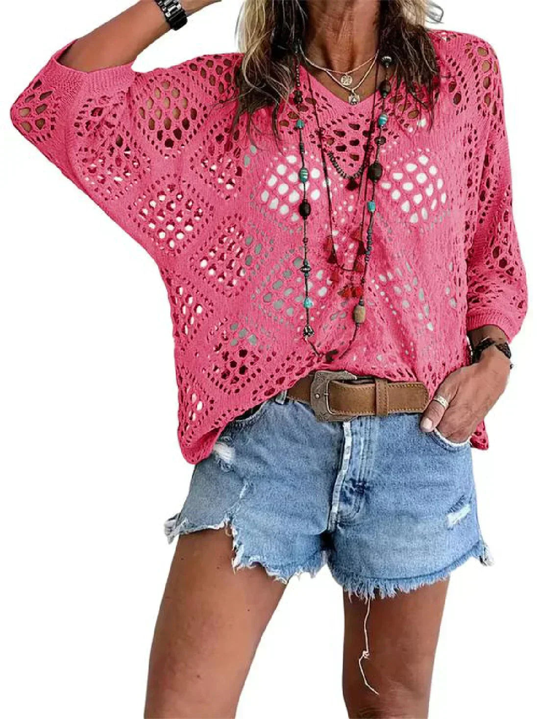 ⏰Last day sale 50% OFF🔥Womens Bohemian-Inspired Beige Crochet Top with V-Neck