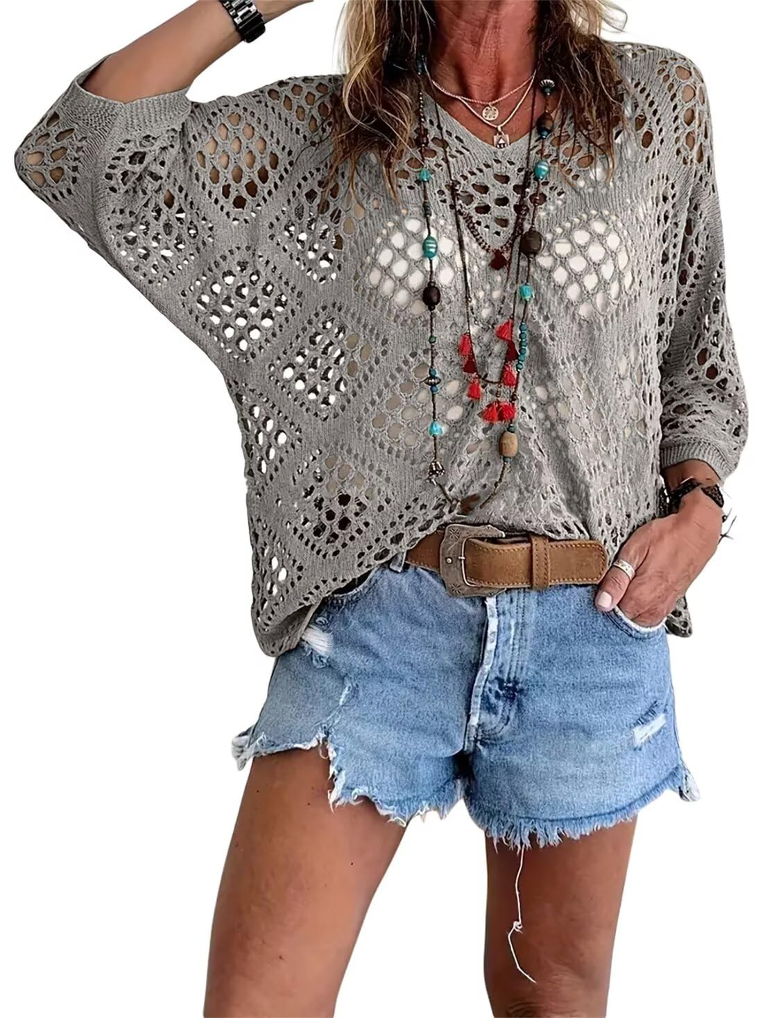 ⏰Last day sale 50% OFF🔥Womens Bohemian-Inspired Beige Crochet Top with V-Neck