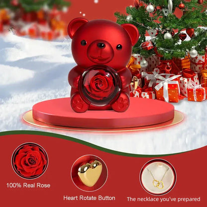 🌹Preserved Roses with Bear-Shaped Jewelry Box - Gift Box (Necklace and Ring Not Included)