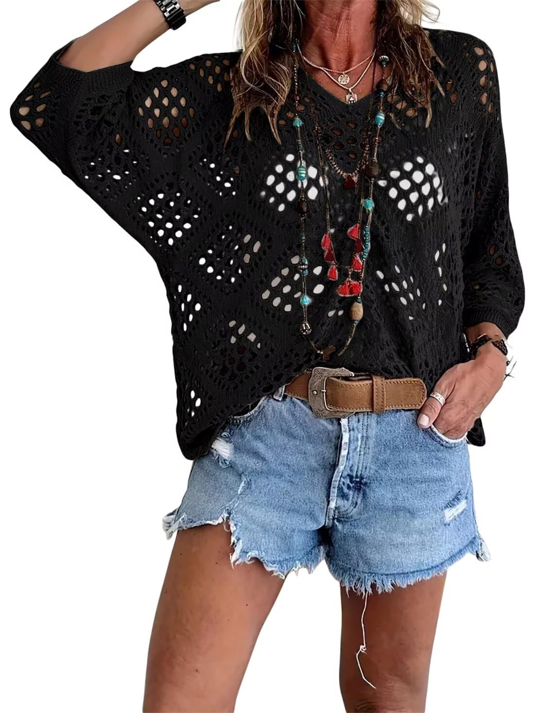 ⏰Last day sale 50% OFF🔥Womens Bohemian-Inspired Beige Crochet Top with V-Neck