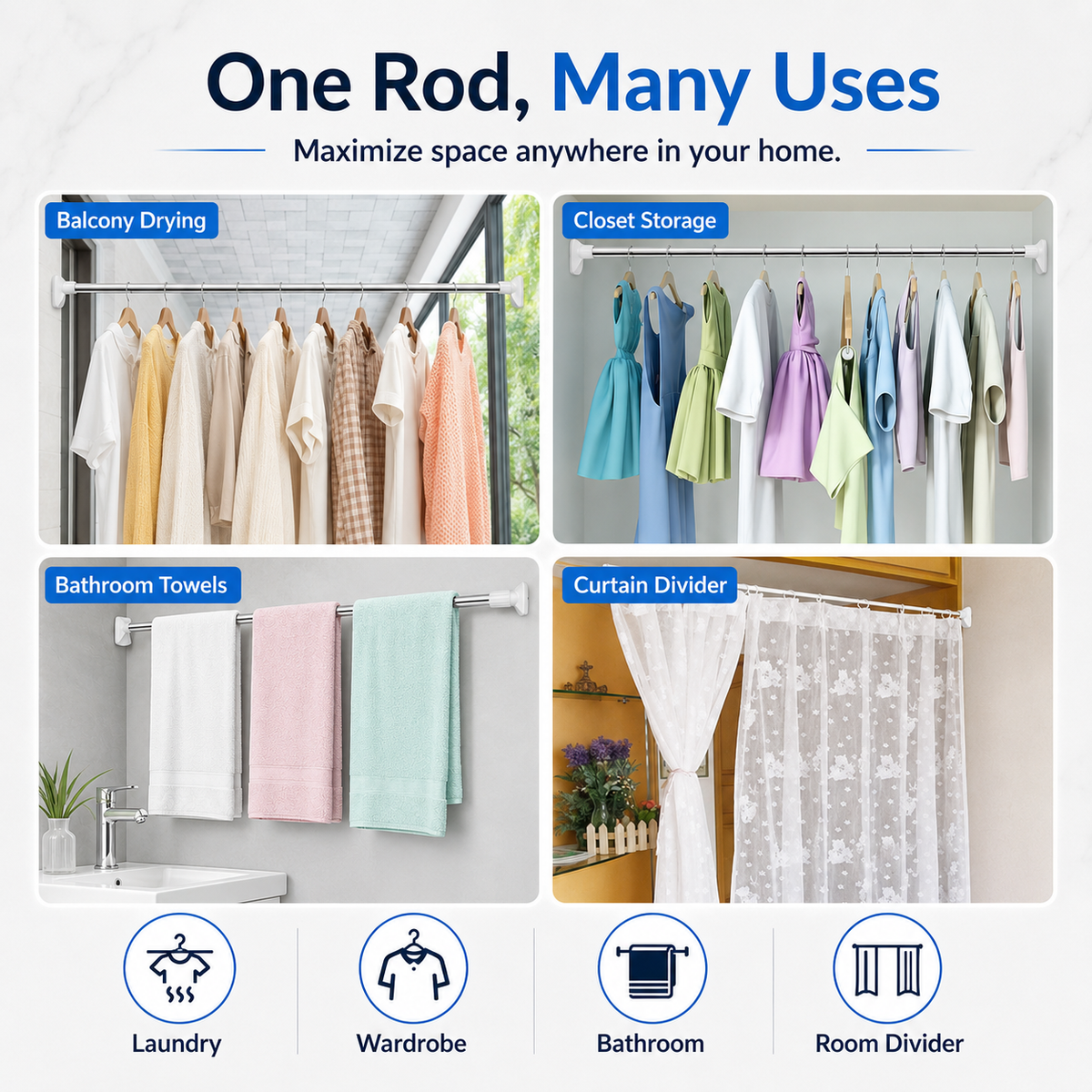 🧺 Save 50%! 👔 Telescopic Clothing Rod, No Drill Extendable Clothes Hanging Bar for Wardrobe & Bathroom ✨