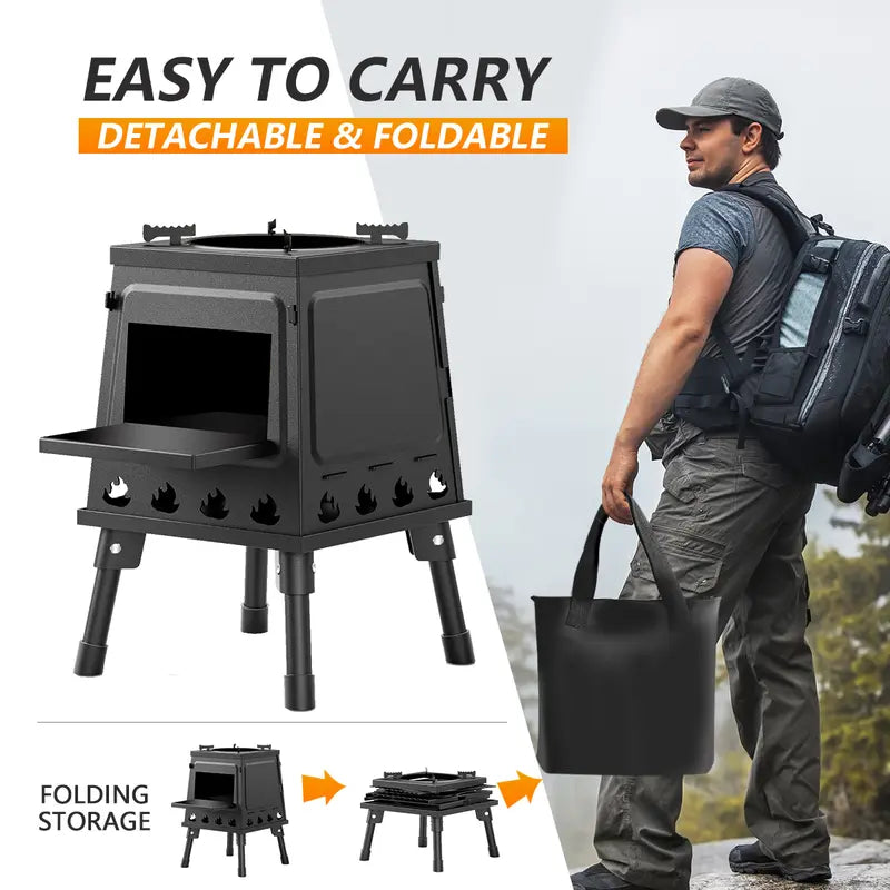 Portable Wood Burning Rocket Stove | 16 Vent Holes Efficient Burn | Outdoor Wood Stove | Foldable Camping Cooker