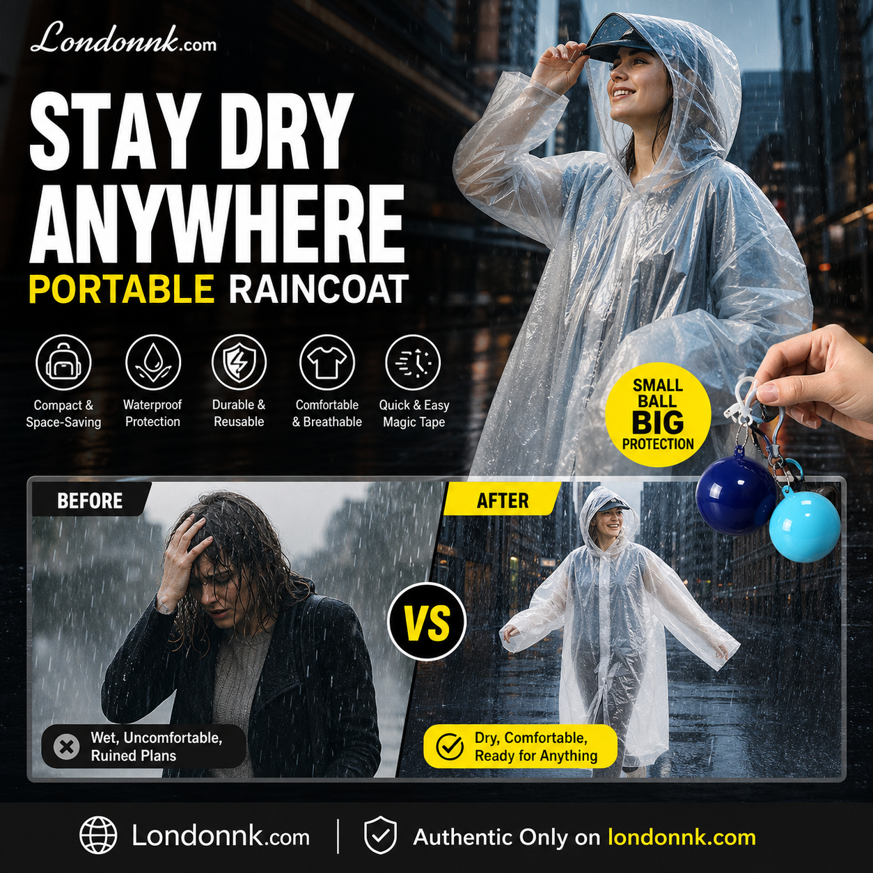 🥳 BUY 1 GET 1 FREE! ☔Mini Ball Shape Disposable Raincoat – Ultra‑compact ball packaging fits in any bag, purse or glove box. Waterproof & easy to use – always ready for sudden showers! 🌧️✨
