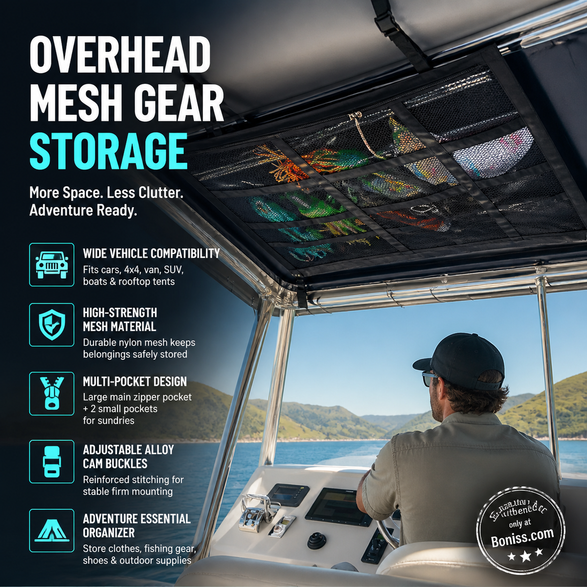 🚤50% OFF NOW! ⏰Overhead Mesh Gear Storage Net, Adjustable Car Roof Storage Bag, Multi‑Pocket Ceiling Mesh Organizer for SUV, Van, 4x4, Boat & Rooftop Tent, Holds Fishing Gear & Outdoor Supplies