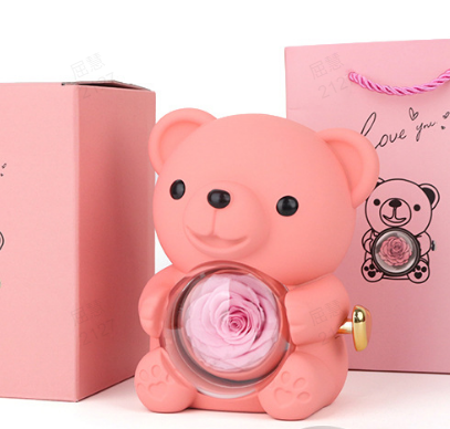 🌹Preserved Roses with Bear-Shaped Jewelry Box - Gift Box (Necklace and Ring Not Included)