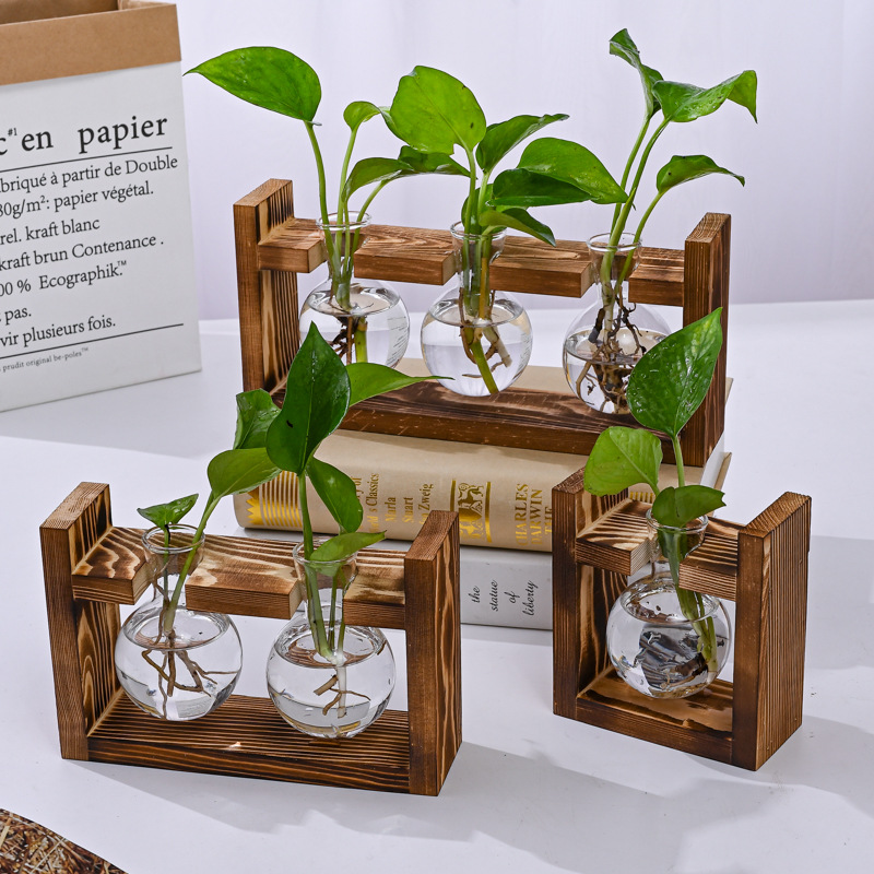 🌿 Rustic Wooden Stand Hydroponic Vases – Soil-Free Plant Growing | Farmhouse Style Décor for Home, Office & Kitchen