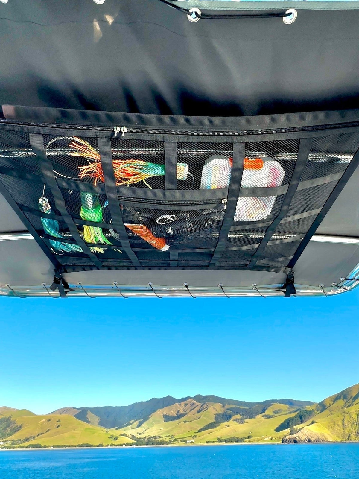 🚤50% OFF NOW! ⏰Overhead Mesh Gear Storage Net, Adjustable Car Roof Storage Bag, Multi‑Pocket Ceiling Mesh Organizer for SUV, Van, 4x4, Boat & Rooftop Tent, Holds Fishing Gear & Outdoor Supplies