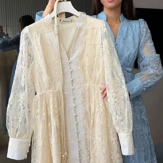 💖Vintage Embroidered Lantern Sleeve Dress & Free shipping✈️
