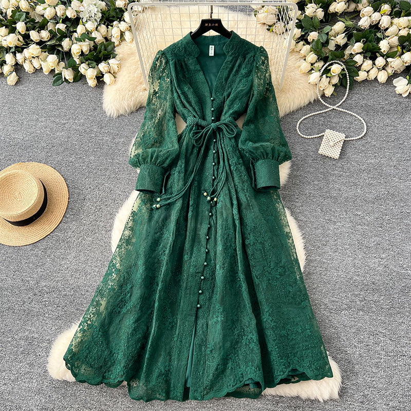 💖Vintage Embroidered Lantern Sleeve Dress & Free shipping✈️