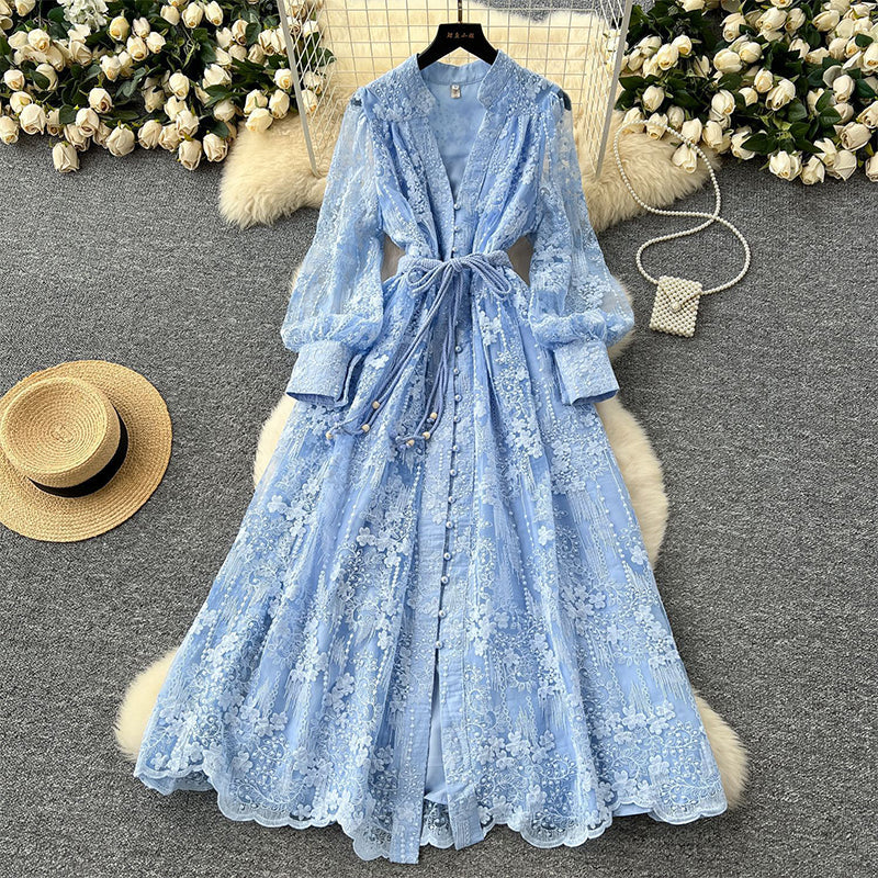 💖Vintage Embroidered Lantern Sleeve Dress & Free shipping✈️