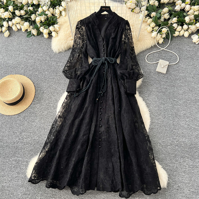 💖Vintage Embroidered Lantern Sleeve Dress & Free shipping✈️