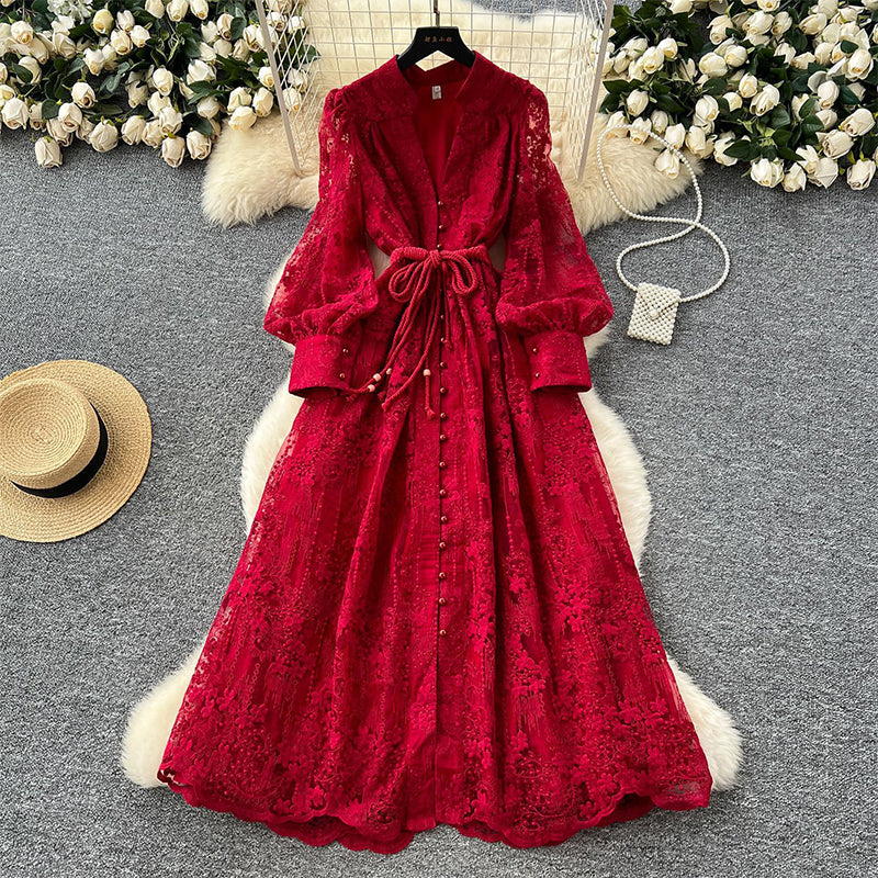 💖Vintage Embroidered Lantern Sleeve Dress & Free shipping✈️