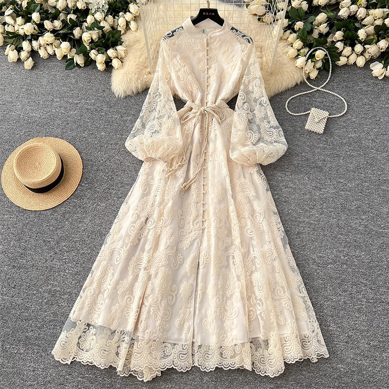 💖Vintage Embroidered Lantern Sleeve Dress & Free shipping✈️