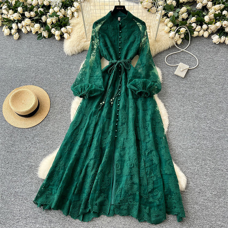 💖Vintage Embroidered Lantern Sleeve Dress & Free shipping✈️