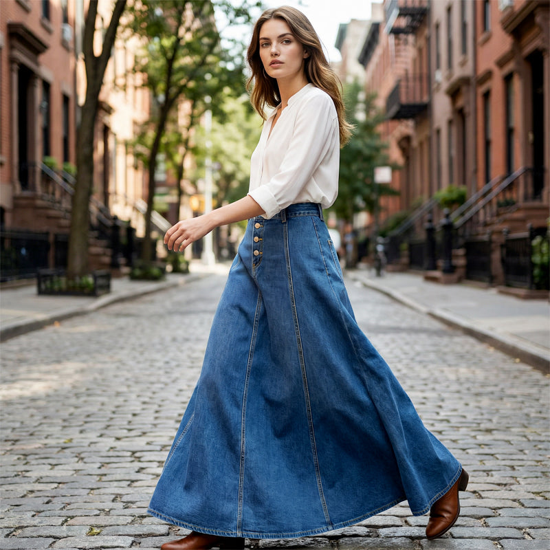 ⏳Limited-time 57% off⏰Vintage Button-Front A-Line Denim Skirt👗