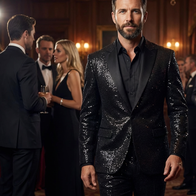 🔥Men's Black Sparkle Tuxedo Suit Set & free shipping ✈️