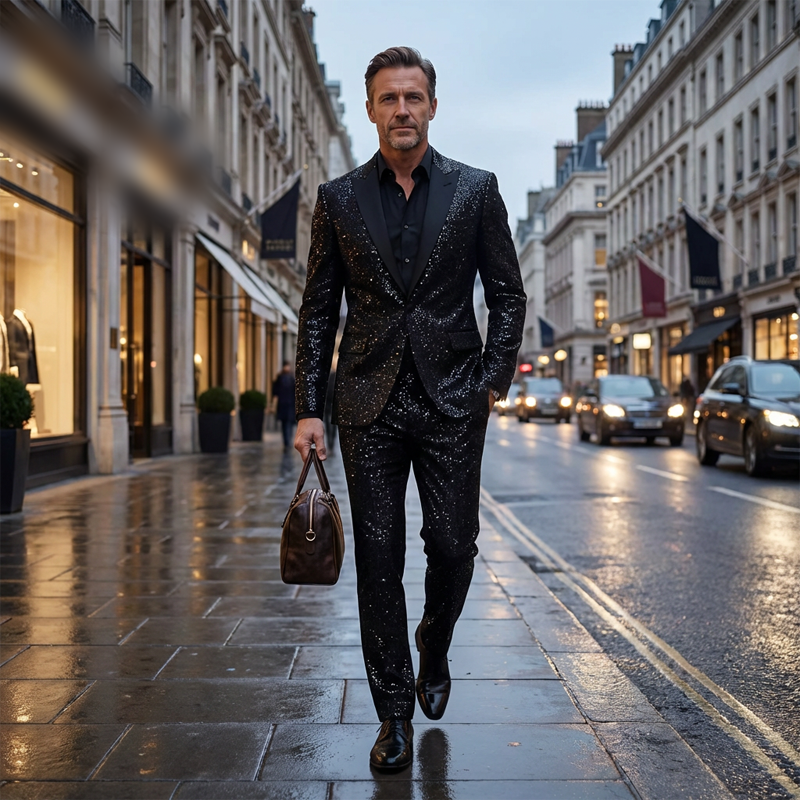 🔥Men's Black Sparkle Tuxedo Suit Set & free shipping ✈️