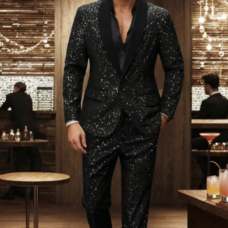 🔥Men's Black Sparkle Tuxedo Suit Set & free shipping ✈️