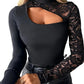 Women's Asymmetrical Cutout Lace Sleeve Top – Slim Fit, Mock Neck & Romantic Keyhole Back Detail 👗🖤