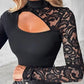 Women's Asymmetrical Cutout Lace Sleeve Top – Slim Fit, Mock Neck & Romantic Keyhole Back Detail 👗🖤