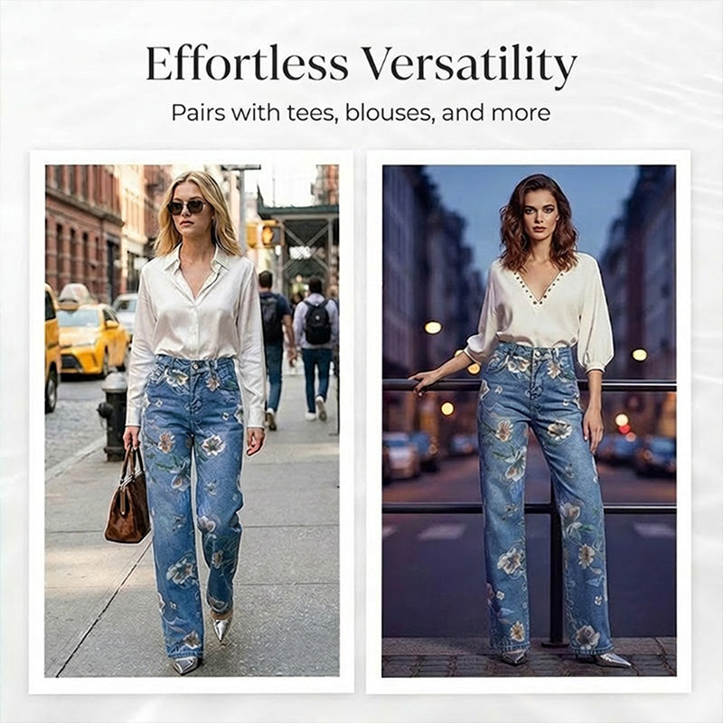 🎁Free Gift 🎁 ⏳Limited-time 50% off⏰Women's Floral Print Straight-Leg Jeans💐👖— Free shipping for two pieces