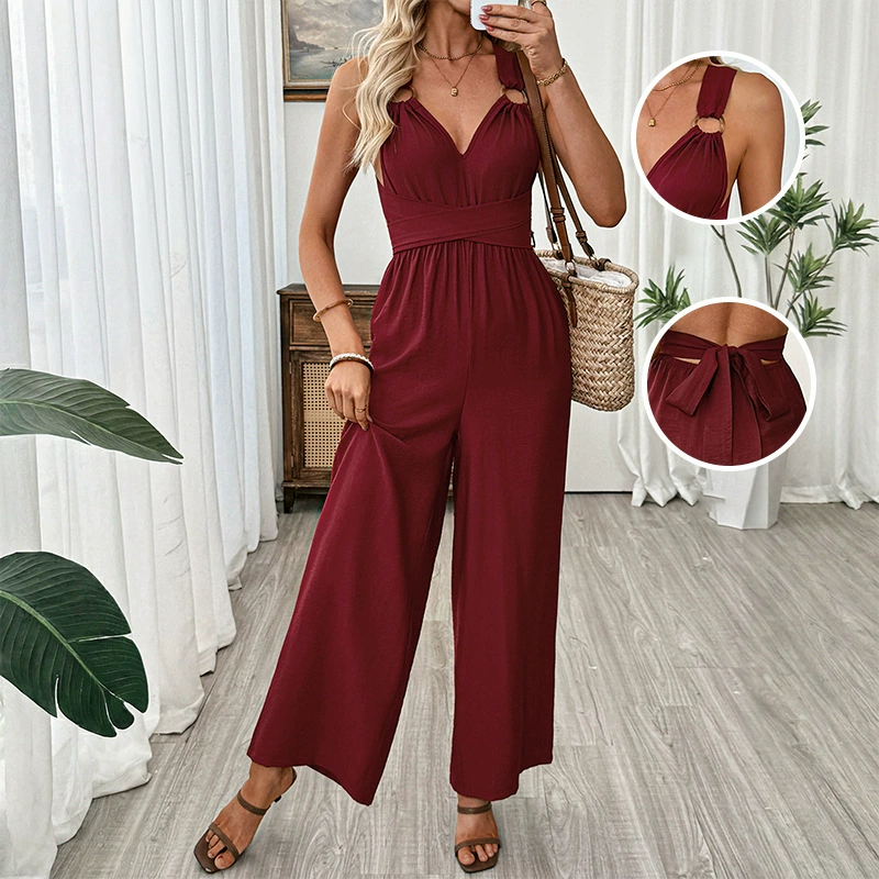 V-Neck Wide-Leg Jumpsuit with Ring Detail