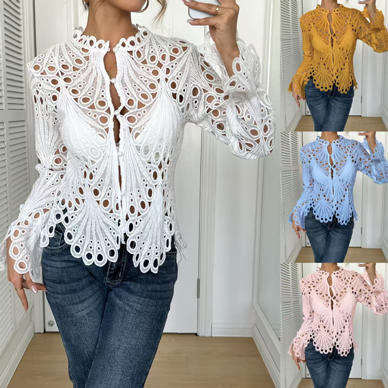 Elegant Hollow-Out Lace Blouse with Bell Sleeves