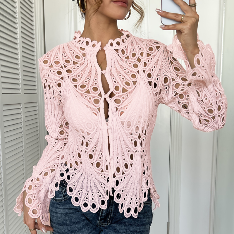 Elegant Hollow-Out Lace Blouse with Bell Sleeves