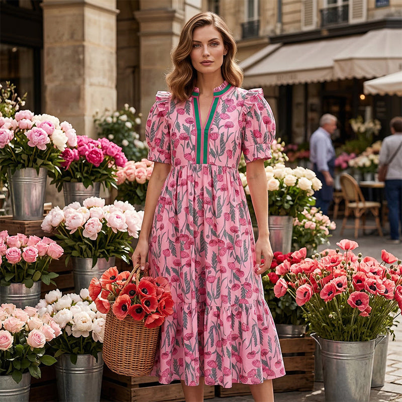 🎁2026 New Arrivals 60% OFF💖Women's Floral Print Puff Sleeve Maxi Dress