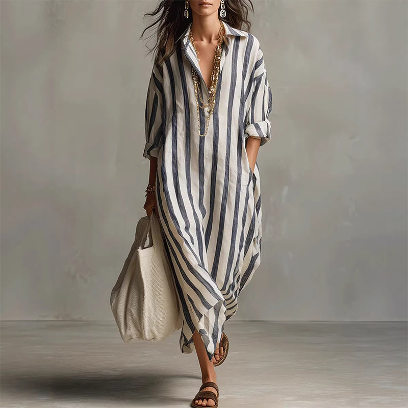 Women's Casual Striped Long Sleeve Shirt Dress