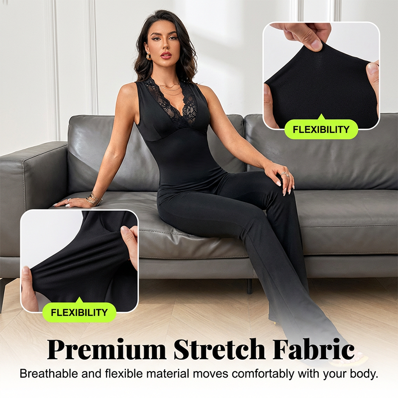 💎 -50% FLASH SALE! 💎 Elegant Lace V-Neck Jumpsuit: Bodycon Fit, Flared Legs & Romantic Style for Nights Out