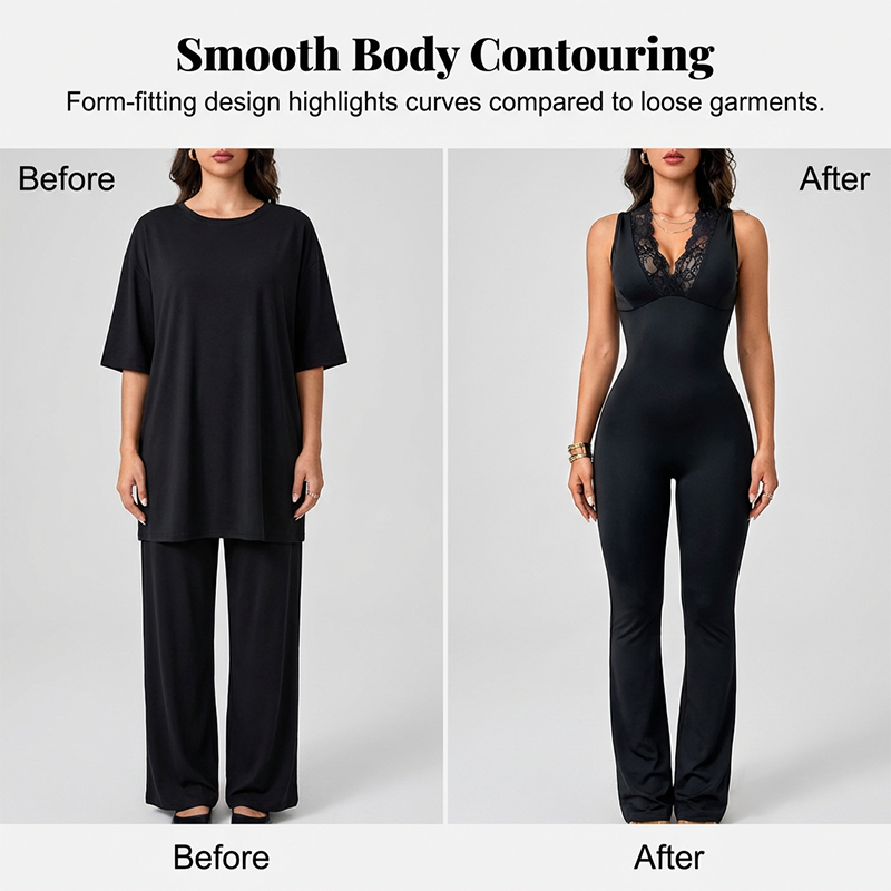 💎 -50% FLASH SALE! 💎 Elegant Lace V-Neck Jumpsuit: Bodycon Fit, Flared Legs & Romantic Style for Nights Out