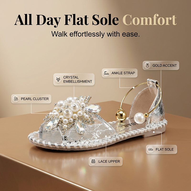 🎁New Arrival 50% OFF💥 Faux Pearl & Crystal Embellished Flat Sandals